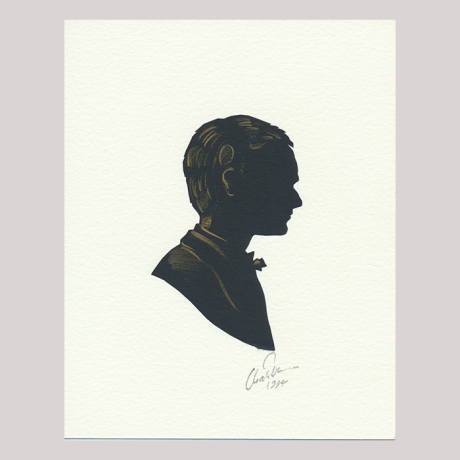 
        Silhouette, with man looking right, wearing a bow tie.
